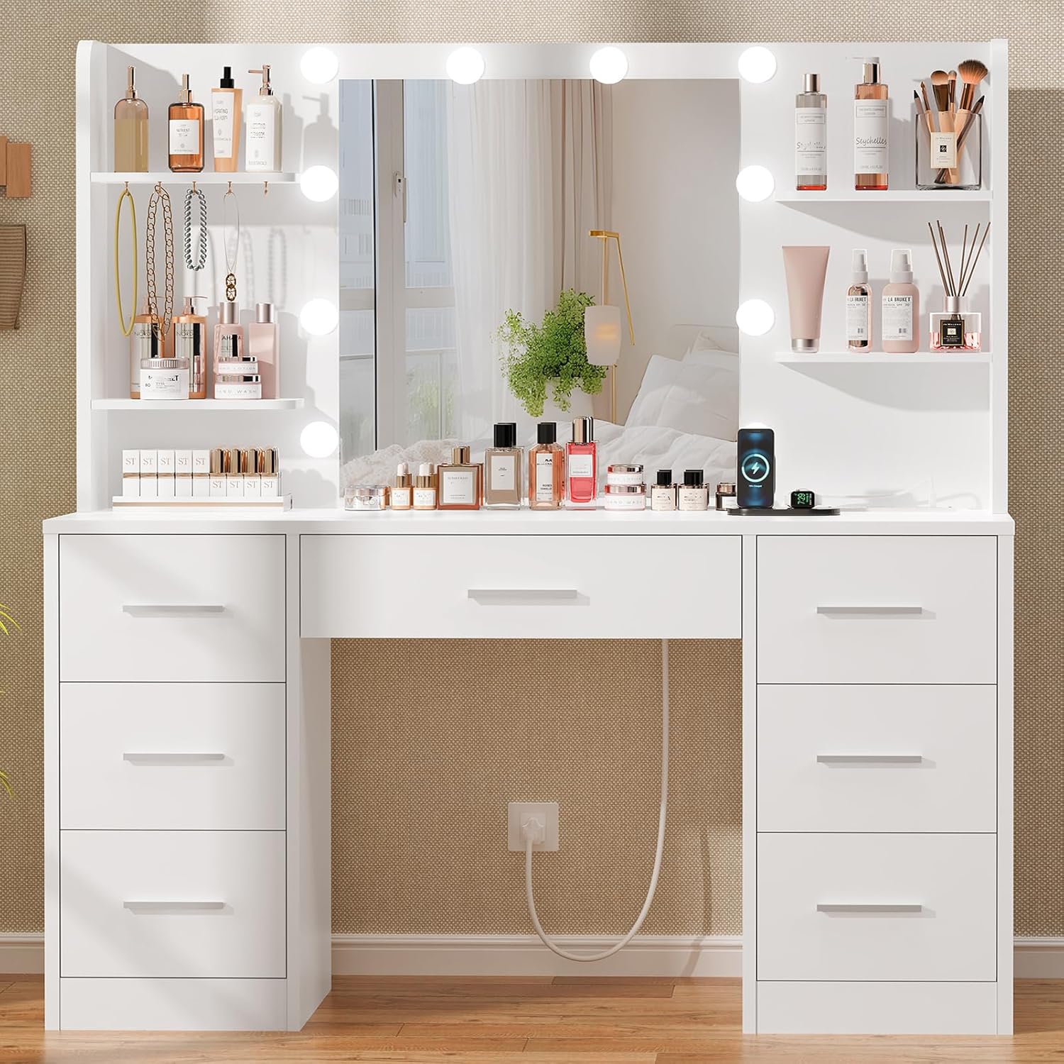 Home Outlet Bathroom Vanity - Großer Schminktisch mit LED-beleuchtetem Spiegel, Steckdose,
