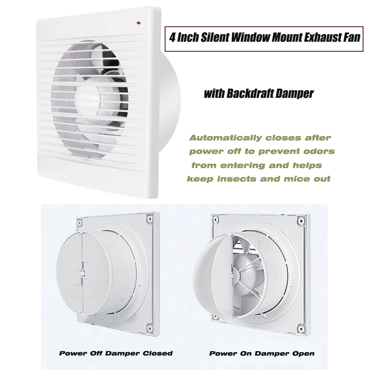 Home Bathroom Vent - 4 Zoll Geräuscharmer Fenster-Abluftventilator mit Rückluftklappe,