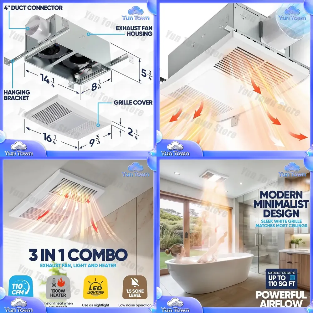 Home Bathroom Vent Fans - Badezimmer-Abluftventilator mit Heizung und LED-Licht, 1300W,